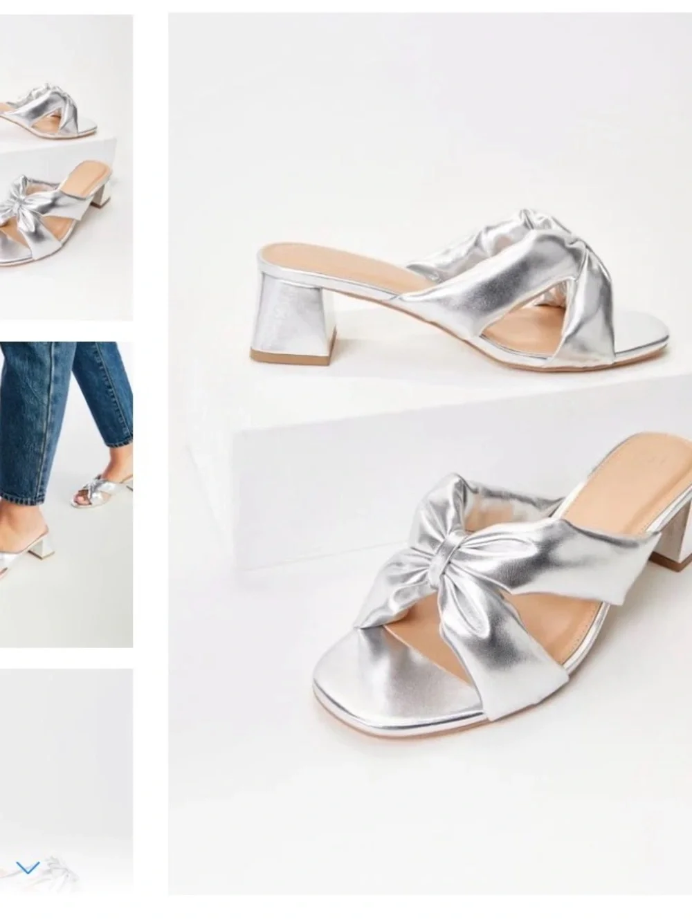 JustFab Metallic Silver Knotted Block Heel Slides